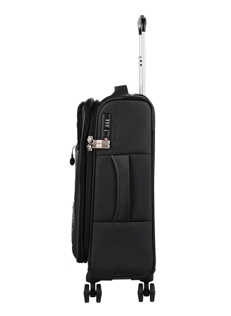 AMERICAN TOURISTER Majoris + Suitcase, Cabin Size 59 cm, 4 Spinner Wheels, Soft Top, 100% Polyester, Black|Corner Guards|Multi Front Pocket|TSA Combination Lock|Expandable|Retractable Aluminum Handle - 3 Years International Warranty